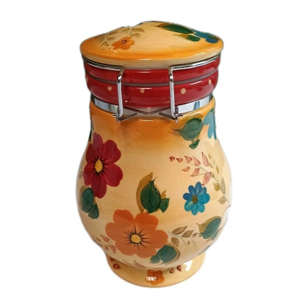 VTG Oneida Sunset Bouquet Hand Painted Ceramic Canister Airtight Hinged Lid 8" - Picture 11 of 16